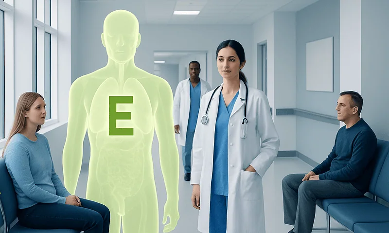 Medical consultation on vitamin E benefits with doctor and patients in hospital.