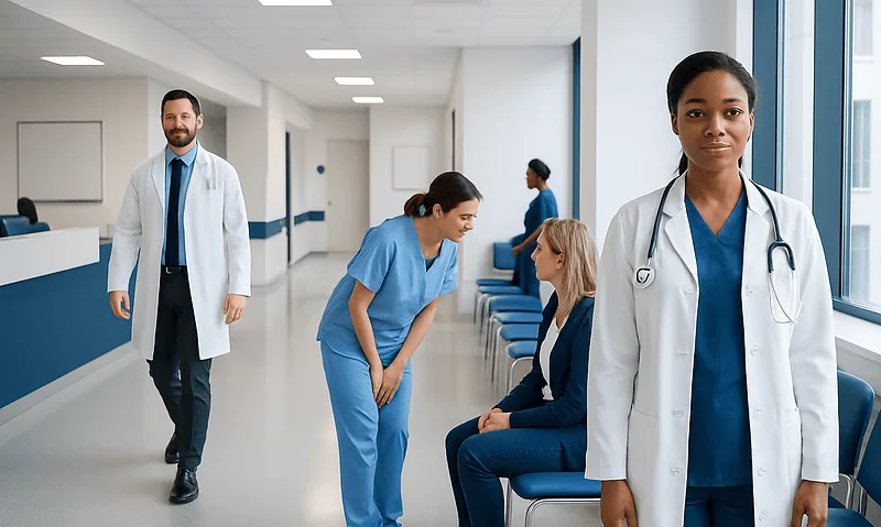 Healthcare professionals and patients in a modern hospital corridor.
