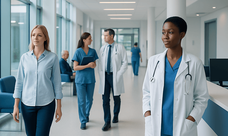 Healthcare professionals in a modern hospital corridor with large windows.