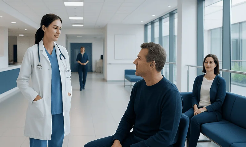 Healthcare professional talking to a patient in a modern hospital corridor.