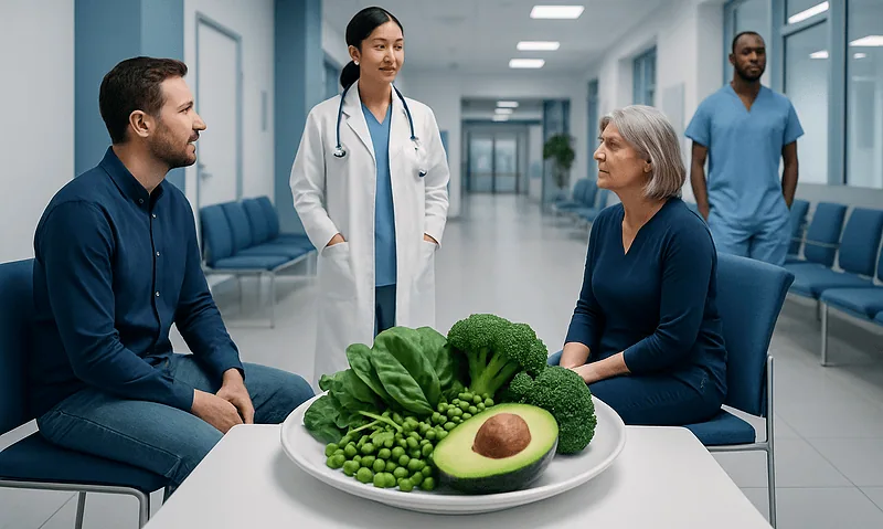 Doctor consulting elderly woman about healthy foods in hospital setting.