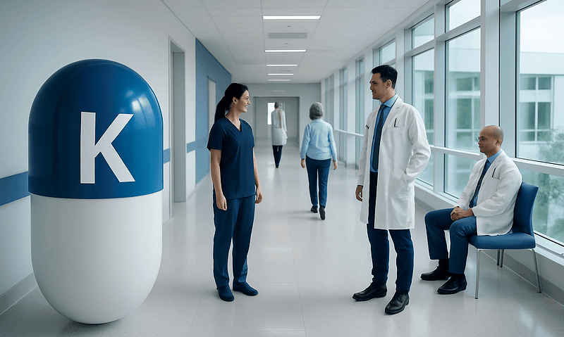 Healthcare professionals in hospital corridor near a large K symbol.