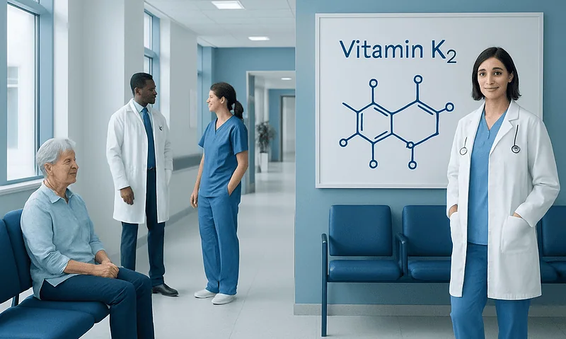 Medical professionals discussing Vitamin K2 benefits in hospital corridor.