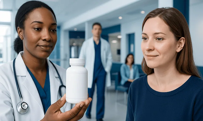 Doctor showing vitamin supplement bottle to patient in hospital setting.