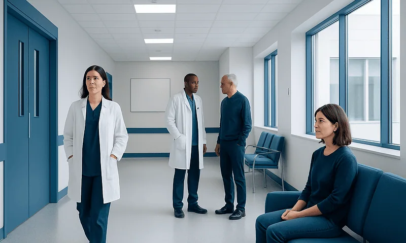 Medical professionals and patient in a hospital corridor.
