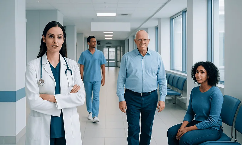 Medical team with doctor and patients in hospital corridor.
