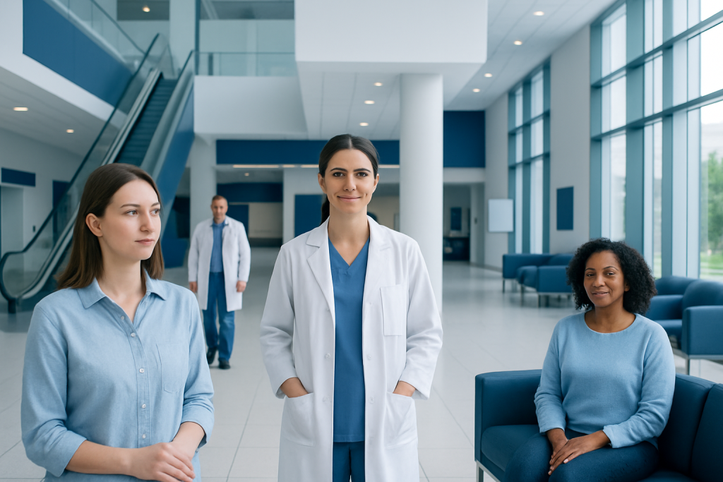 Vitamins for Nails: What the Clinical Research Actually Says 1 Healthcare professionals in a modern hospital lobby with large windows and seating areas.