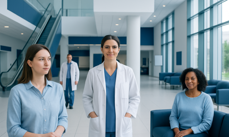Healthcare professionals in a modern hospital lobby with large windows and seating areas.