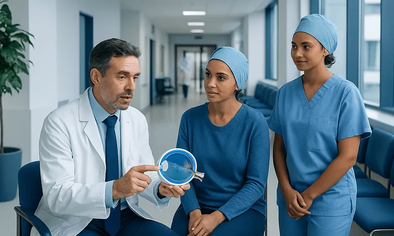 Doctor explaining eye model to two nurses in hospital corridor.