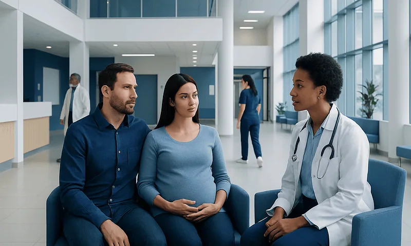 Pregnant woman consulting with a doctor in a hospital lobby.