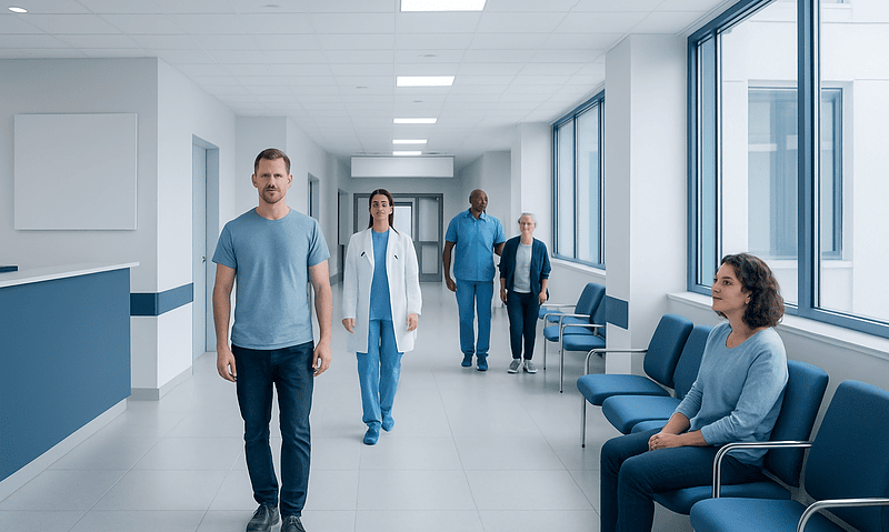 Patients and medical staff in a modern hospital corridor.