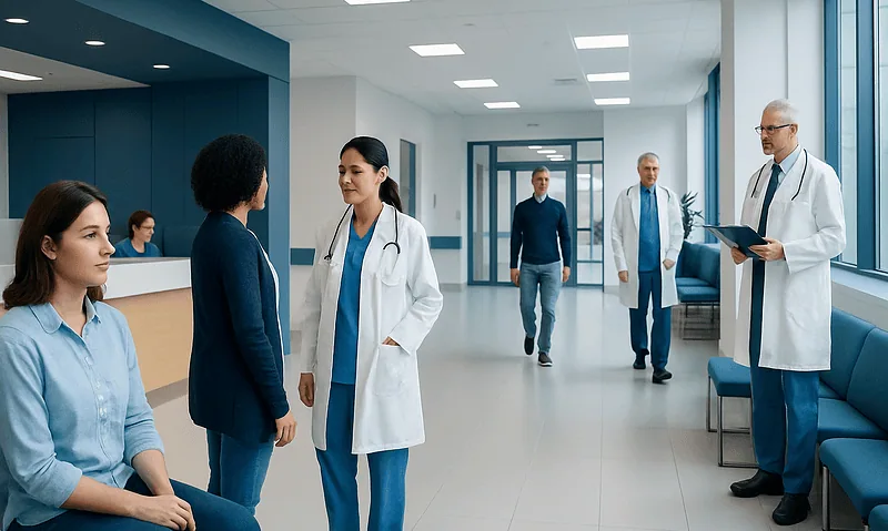 Medical professionals and patients in a hospital corridor at Acibadem Hospitals Group.