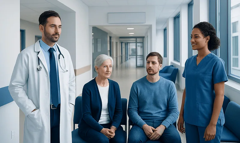 Doctor and nurses consulting with a patient in hospital corridor.