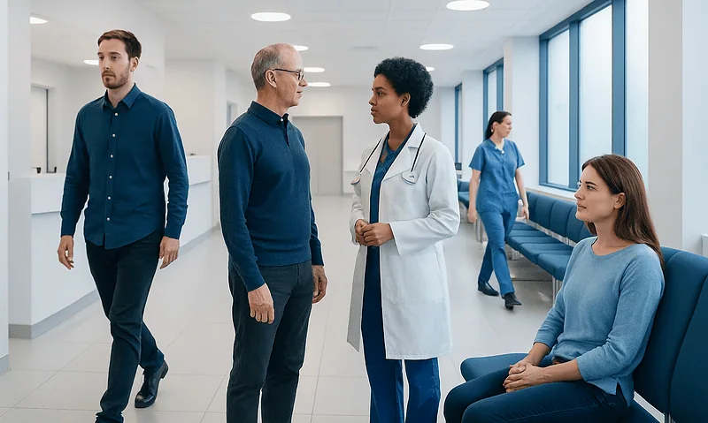 Medical professionals and patients in a hospital corridor.