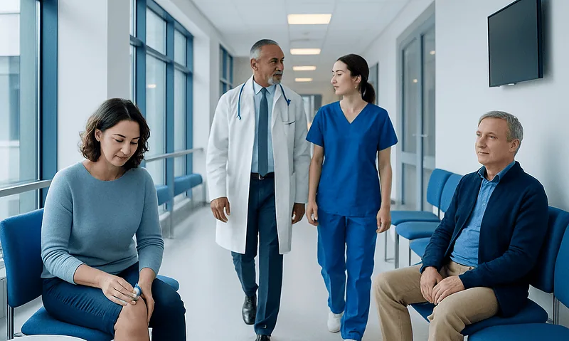 Patients and healthcare professionals in a hospital corridor.