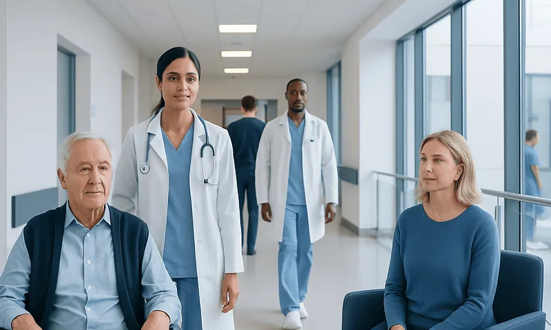 Healthcare professionals and patients in a hospital corridor.