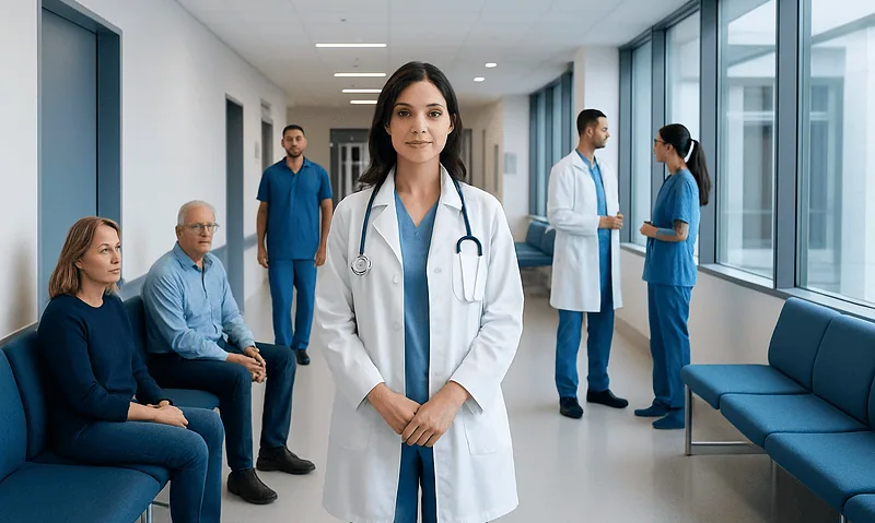 Medical team in hospital corridor with doctor and patients.