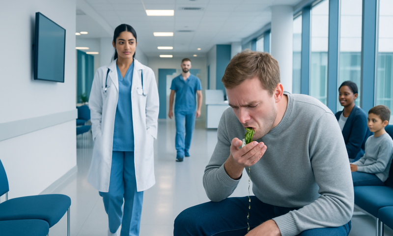 Young man experiencing nausea in hospital waiting area with medical staff nearby.