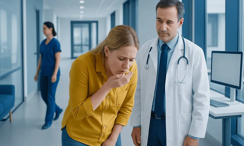 Patient experiencing nausea in hospital corridor with doctor nearby.