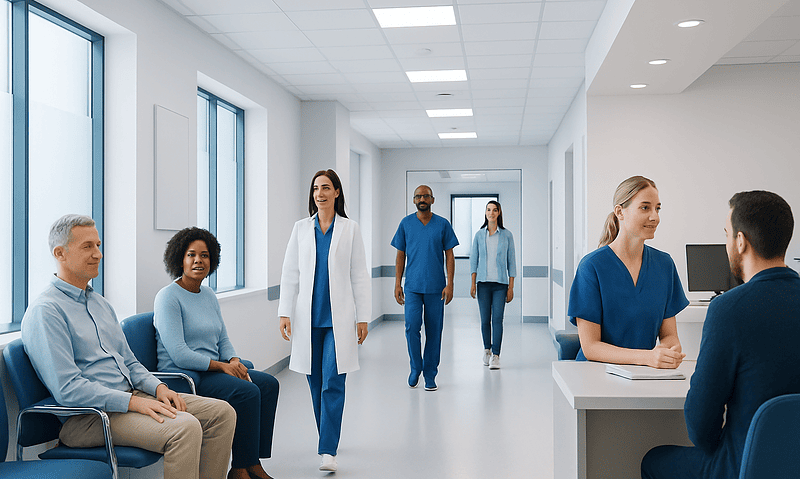 Medical staff and patients in a modern hospital corridor.