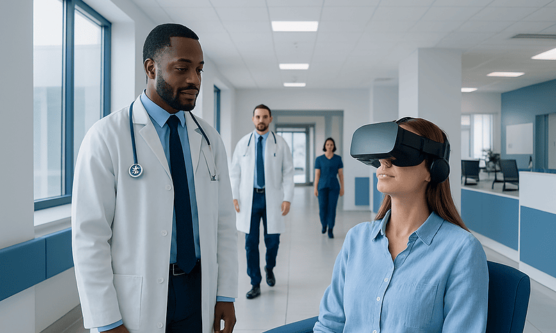 Patient using VR headset in a hospital corridor with doctors nearby.