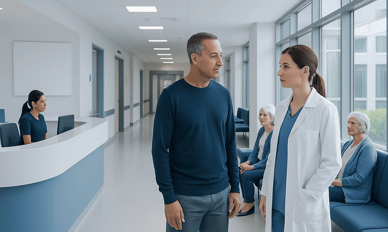 Doctor consulting patient in hospital corridor with waiting area.