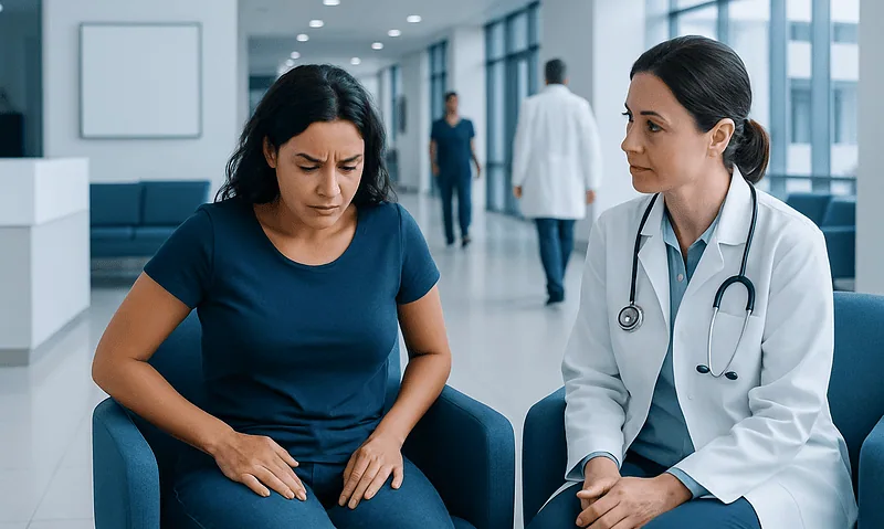 Woman experiencing discomfort consults with doctor in hospital corridor.