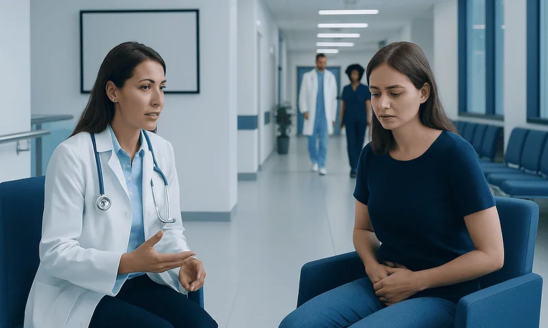 Vulvodynia: A Complete Medical Overview 4 Doctor consulting a patient in a modern hospital corridor.