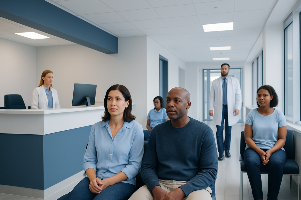 Vyleesi: An Evidence-Based Guide for Patients 1 Patients waiting in a modern hospital corridor with medical staff nearby.