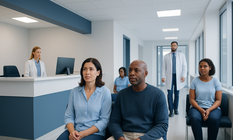 Patients waiting in a modern hospital corridor with medical staff nearby.
