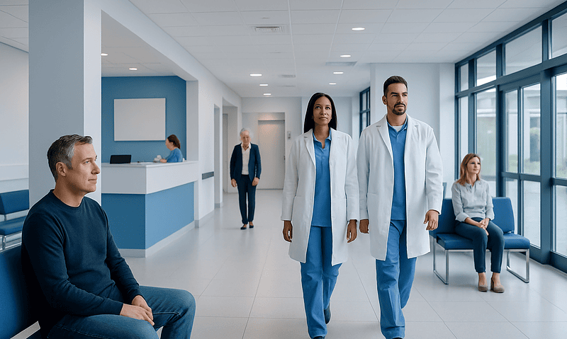 Medical professionals walking in a hospital corridor with patients waiting.