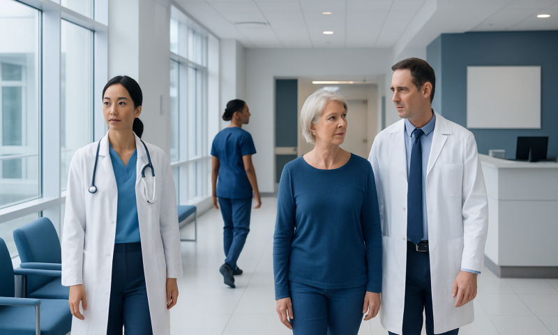 Medical professionals and a patient in a hospital corridor at Acibadem Hospitals Group.