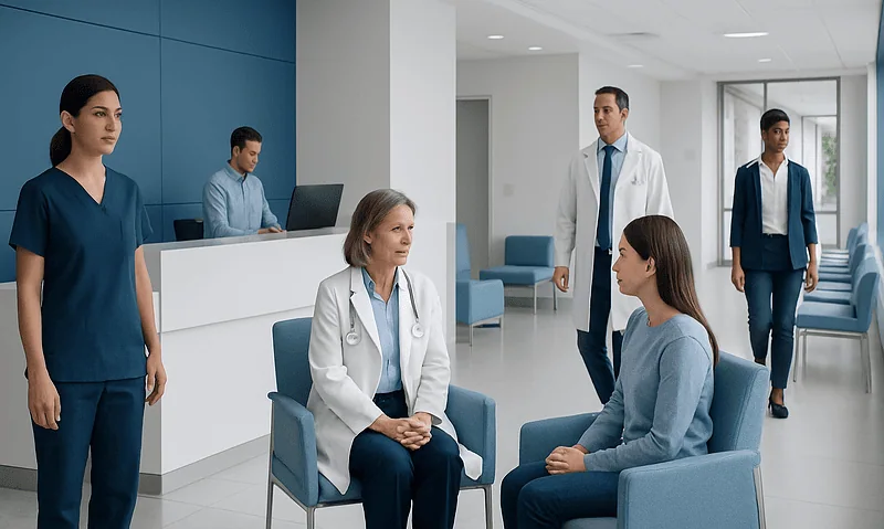 Medical consultation in a modern hospital with healthcare professionals and patient.