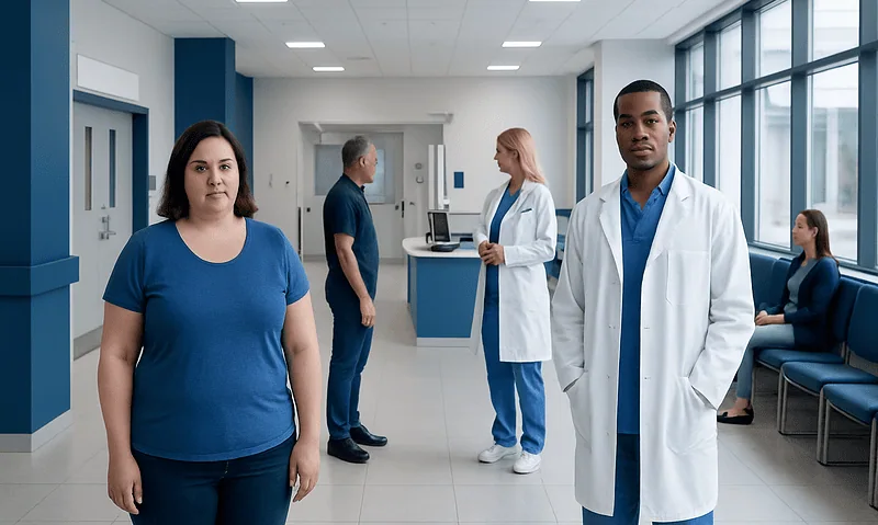 Medical professionals and patients in a hospital corridor at Acibadem Hospitals Group.