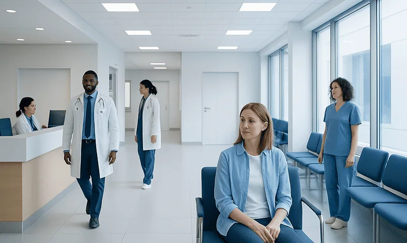 Patients waiting in a modern hospital reception area with medical staff present.