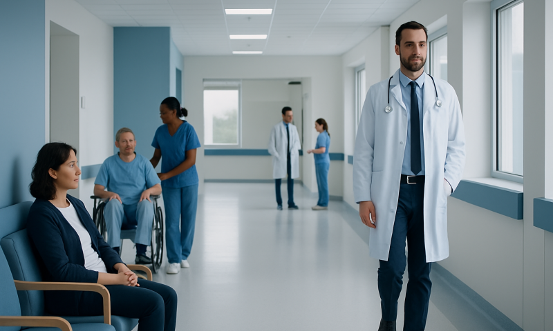 Medical team in hospital corridor with patients and doctors.