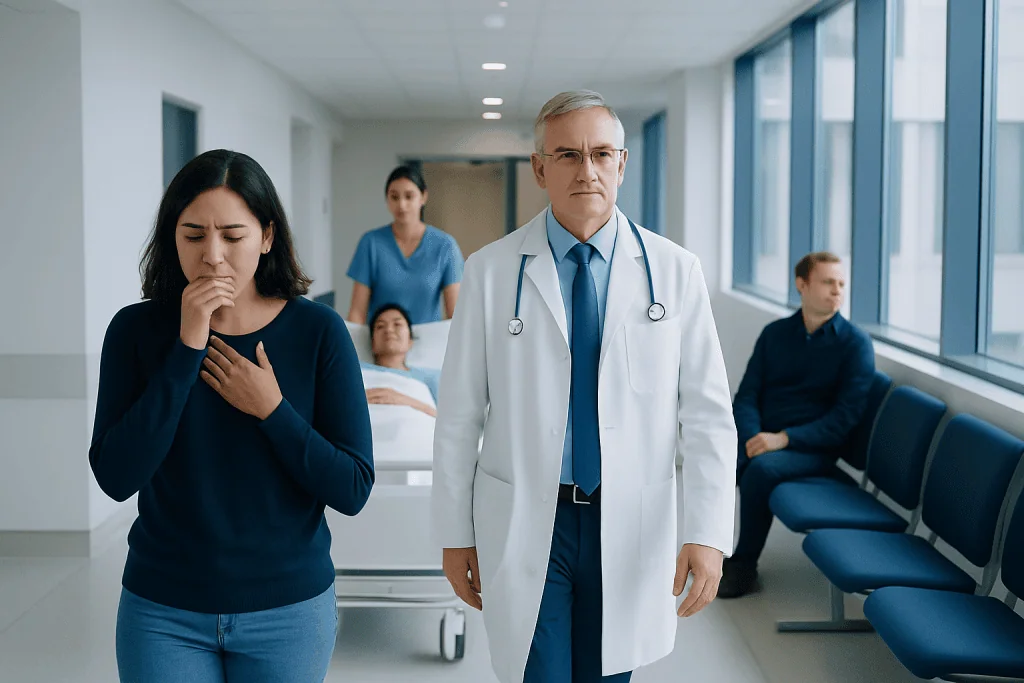 Walking Pneumonia: A Complete Medical Overview 1 Patient with chest pain in hospital corridor with doctor and other patients.