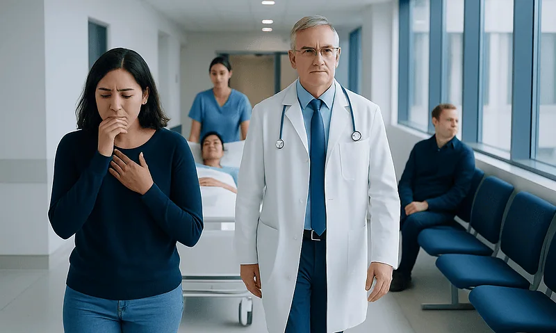 Patient with chest pain in hospital corridor with doctor and other patients.