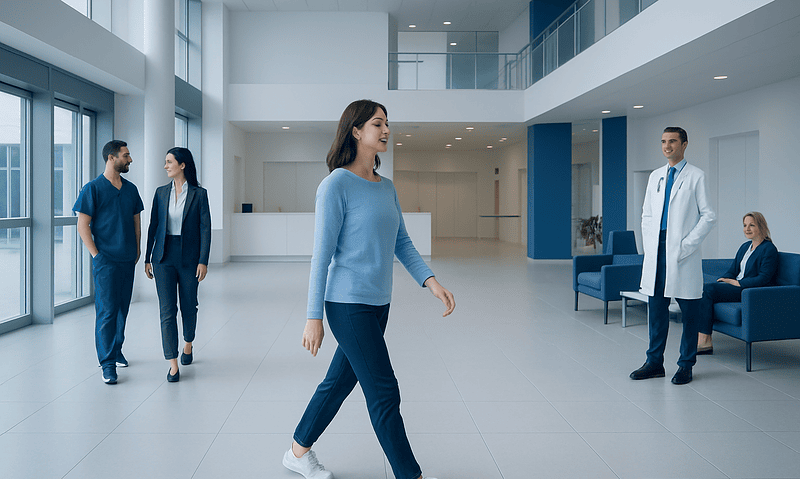 Patient walking in a modern hospital lobby with medical staff nearby.