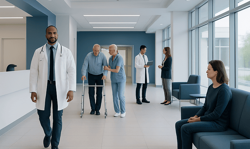 Modern hospital lobby with medical staff and patients in a healthcare facility.