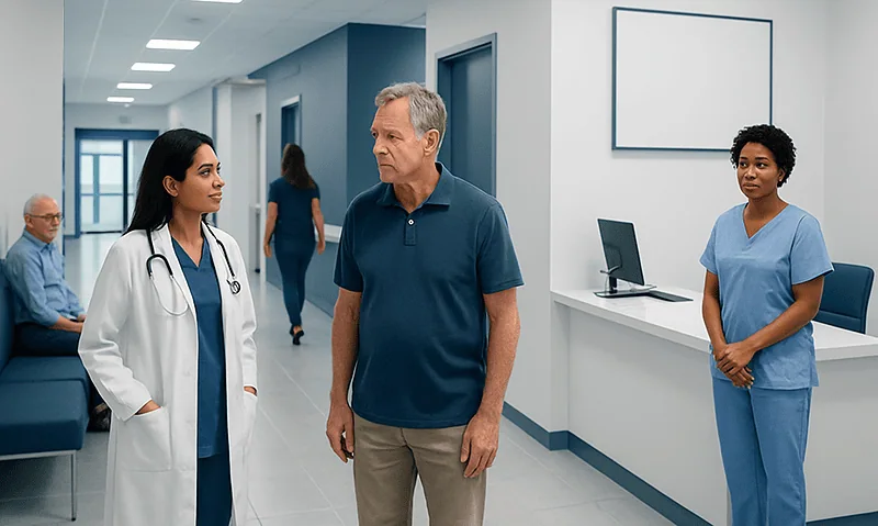 Doctor and patient talking in hospital corridor with medical staff nearby.