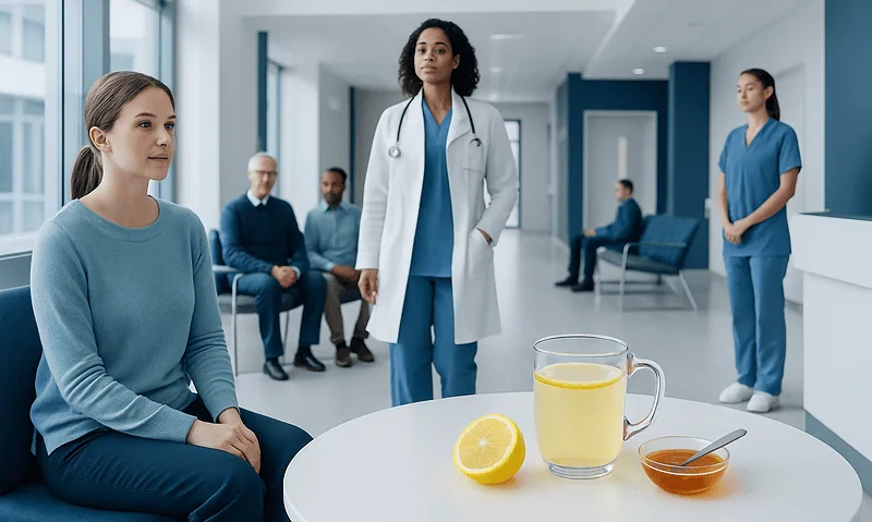 Medical consultation in a hospital waiting area with a doctor and patients.