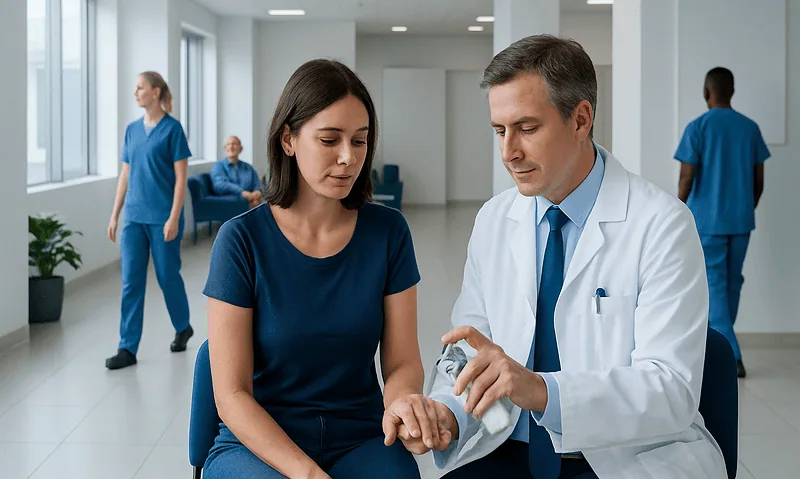 Doctor examining patient's hand in a modern hospital setting.