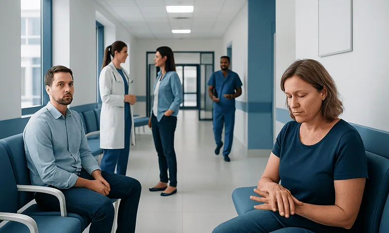 Warts: Common Causes, Warning Signs, and When to Worry 2 Patient waiting in hospital corridor with medical staff in background.