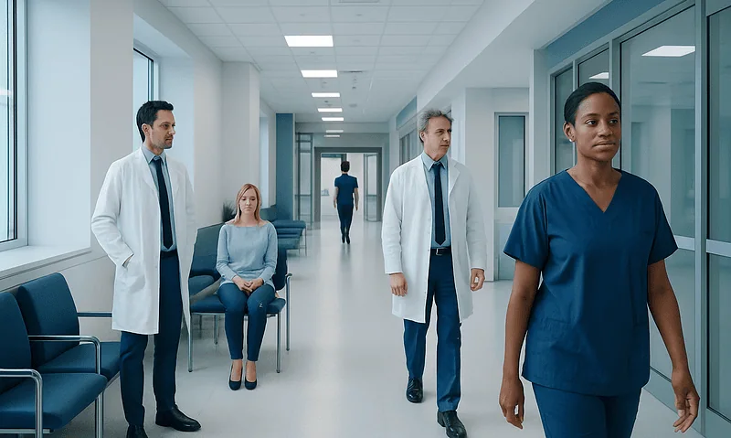 Medical professionals and patient in hospital corridor at Acibadem Hospitals Group.