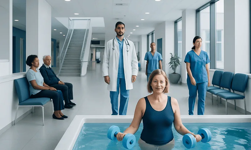 Patient doing water aerobics in a hospital pool with medical staff nearby.