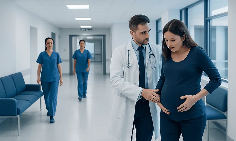 Doctor examining pregnant woman in hospital corridor with nurses in background.