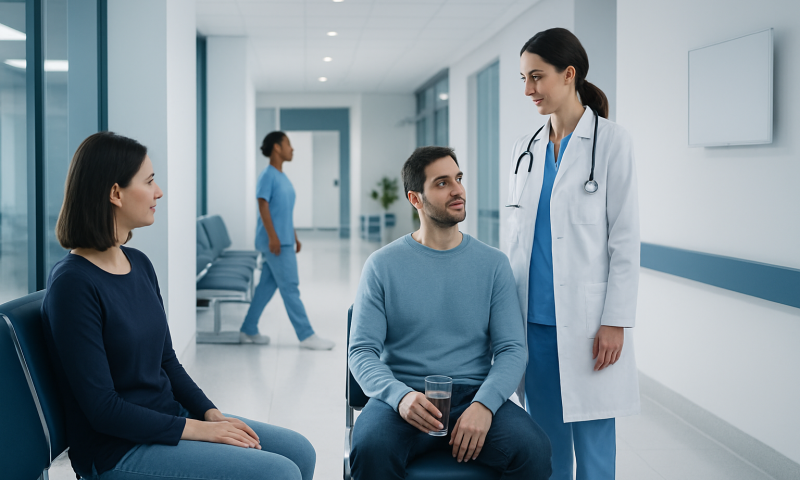 Doctor consulting with patients in a hospital corridor.