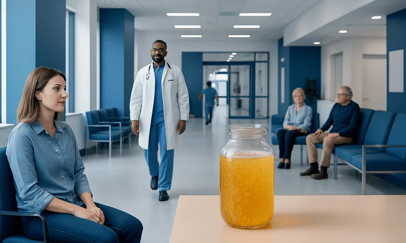 Patient waiting in hospital corridor with jar of water kefir on table.
