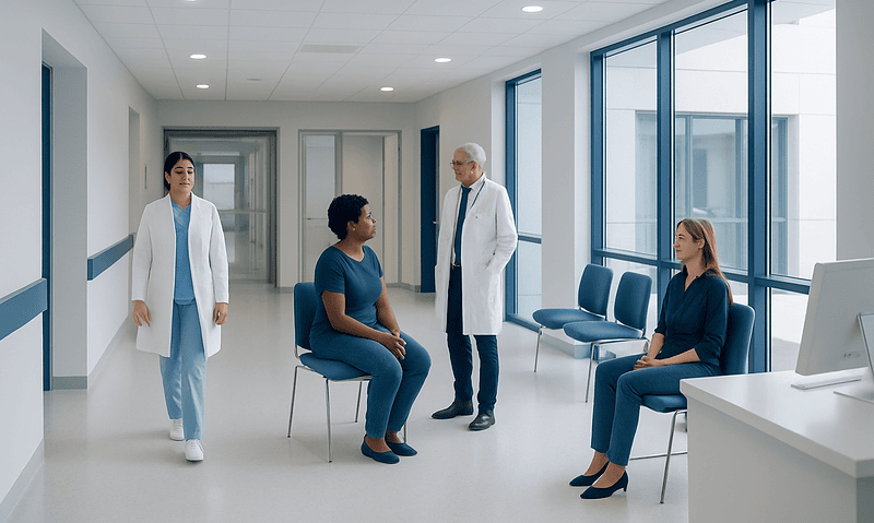 Medical consultation in a modern hospital corridor with healthcare professionals and patients.
